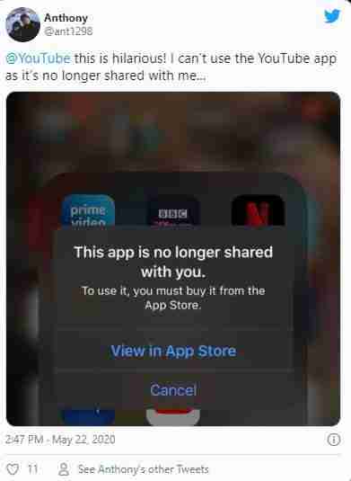พบการแจ้งเตือน This app is no longer shared with you ขึ้นเองระหว่างการใช้ Apps ใน iOS 13.5
